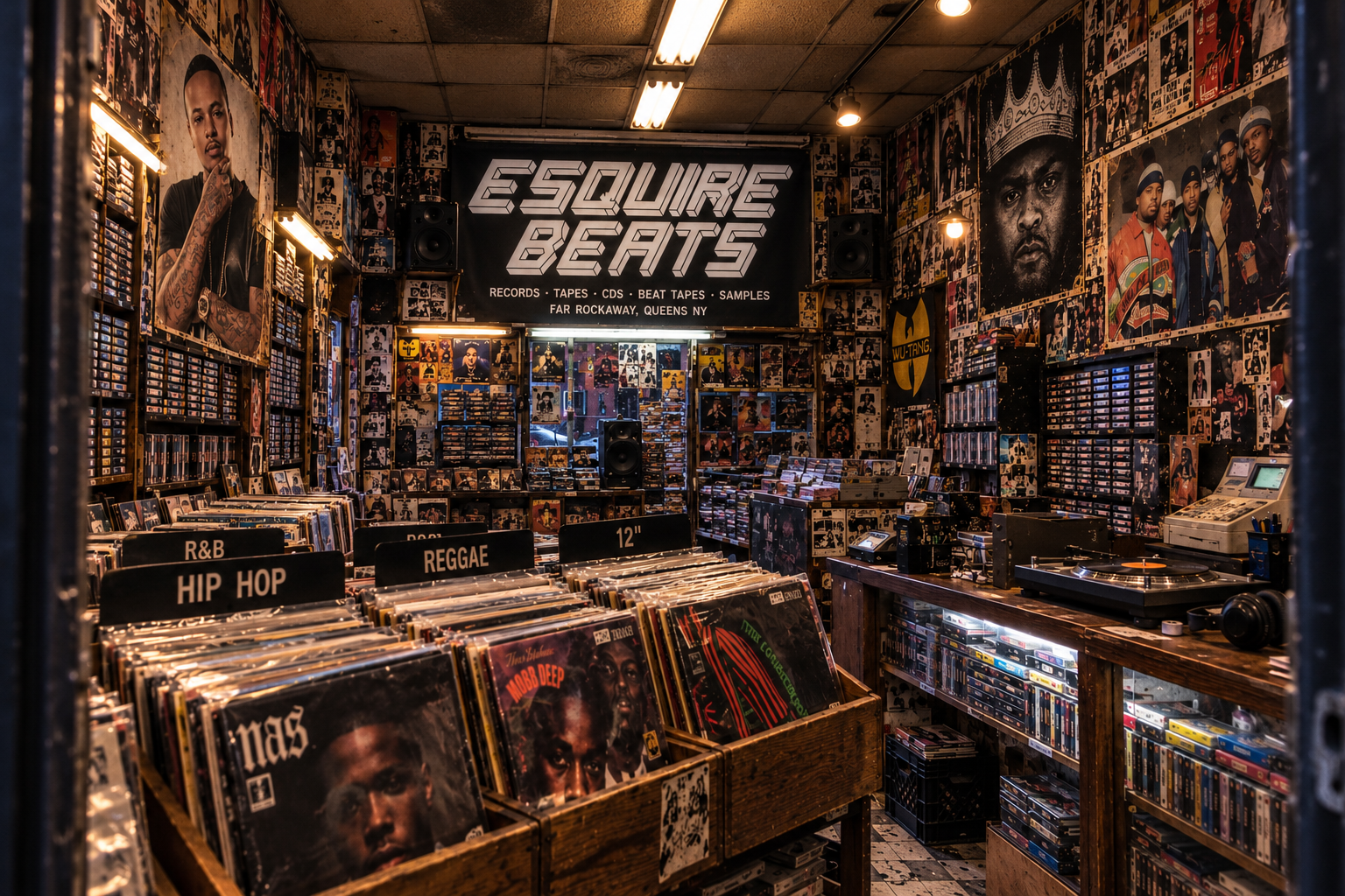 Authentic-looking 1990s Far Rockaway record store with the ESQUIRE BEATS sign, records, CDs and tapes